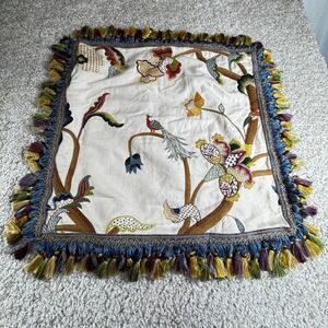 Floral Embroidered Pillow Cover boho Colorful Tassels Birds Flowers 22‎ Inches